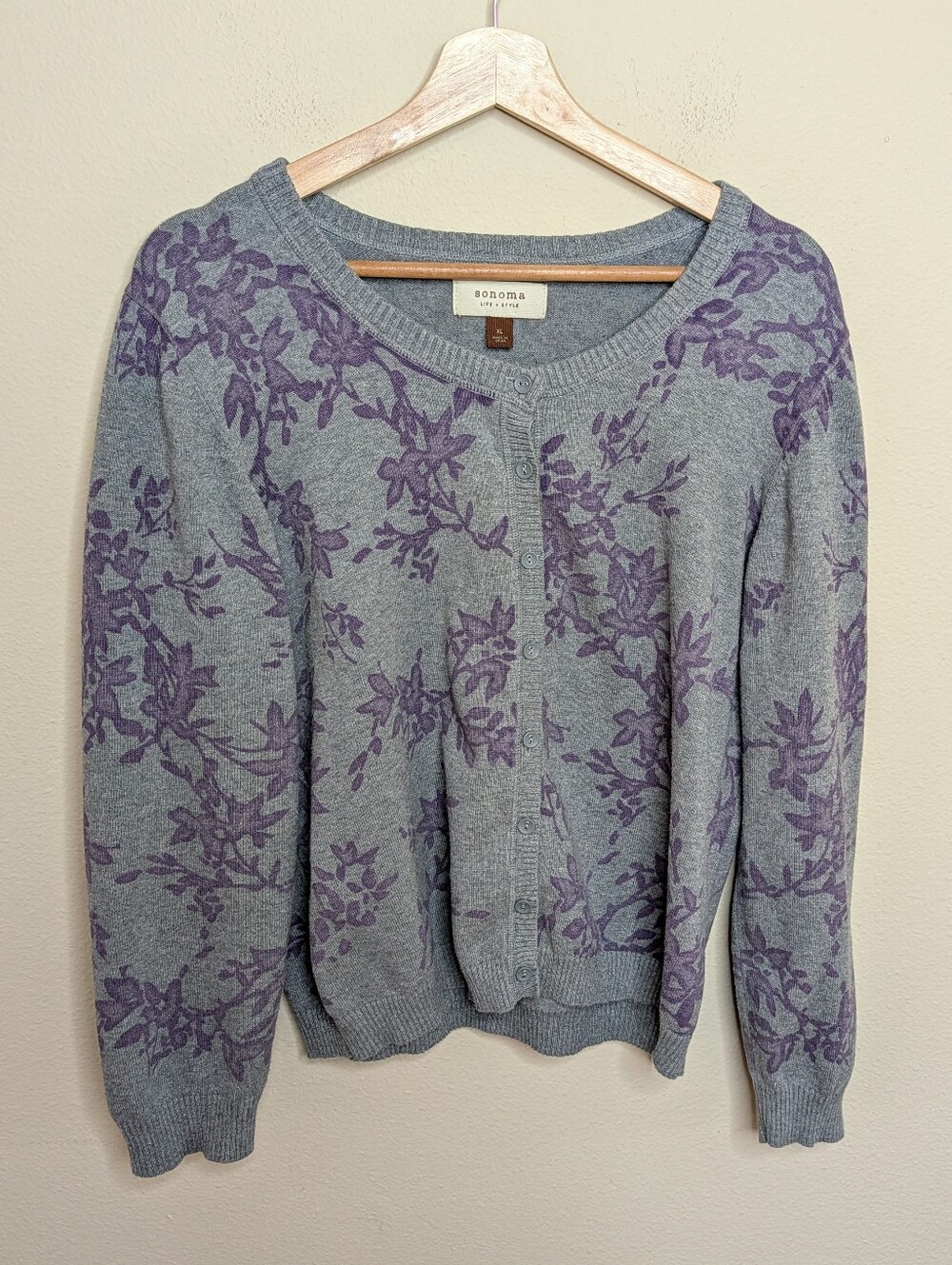 Sonoma Life + Style Gray Purple Floral Cardigan Button Front Sweater Size XL